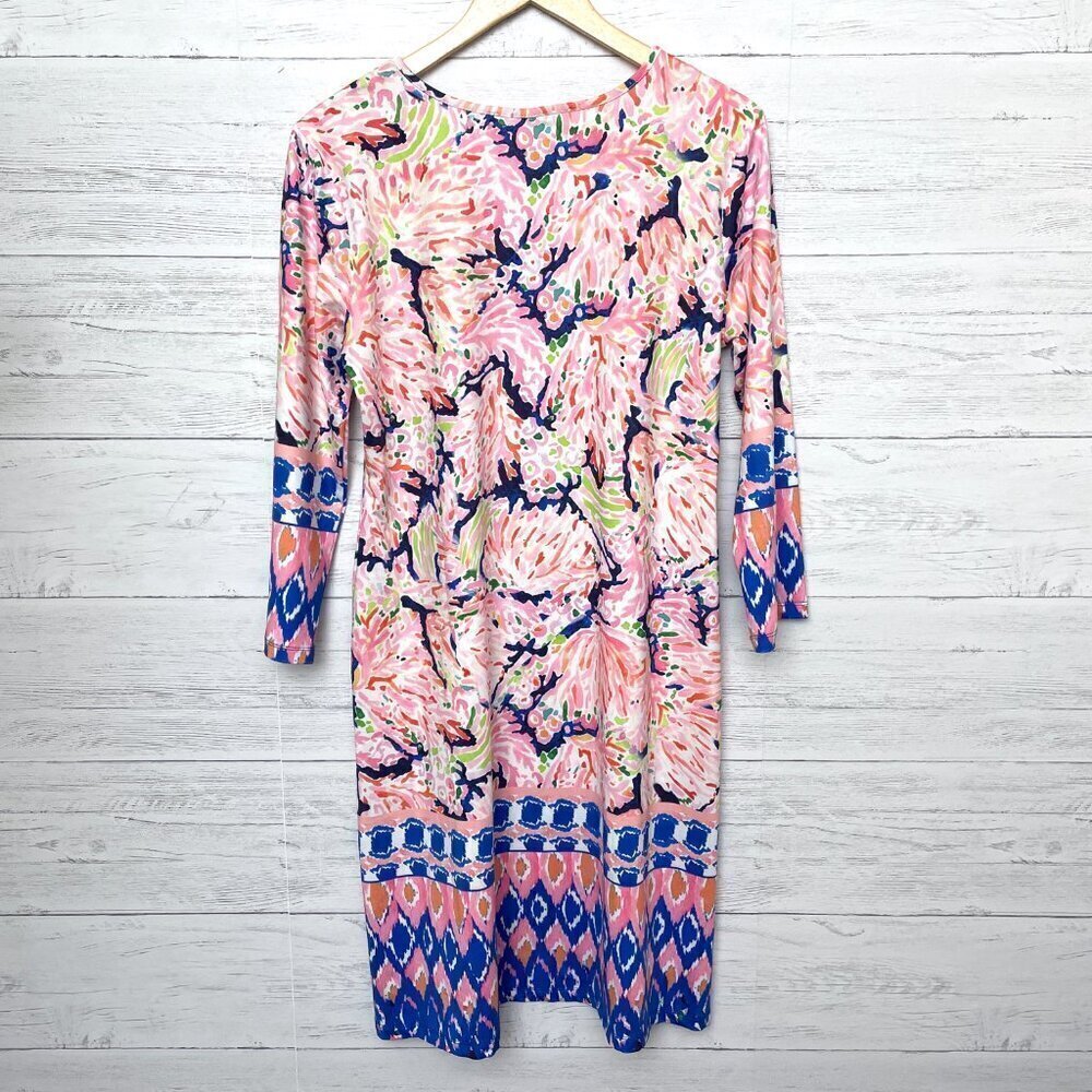 Jean Pierre Klifa Paris Dress Pink Blue Floral Stretch 3/4 Sleeves Pullover XL - Picture 2 of 9